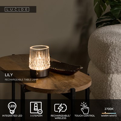 Lucide LILY - Rechargeable Table lamp - Battery pack - Ø 8 cm- LED 3 StepDim - 1x3W 2700K/3000K - Gun Metal - Set of 3